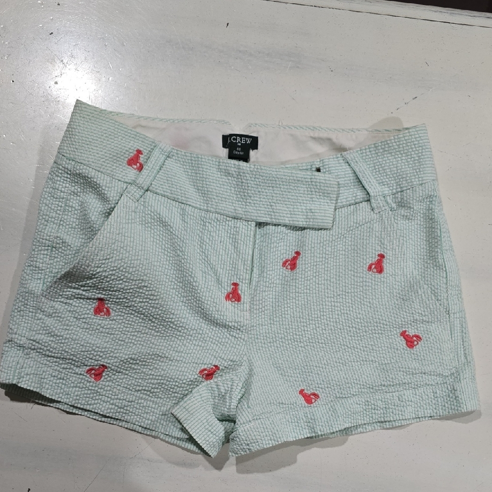 J. Crew Mint Seersucker Shorts with Pink Embroidered Lobsters
